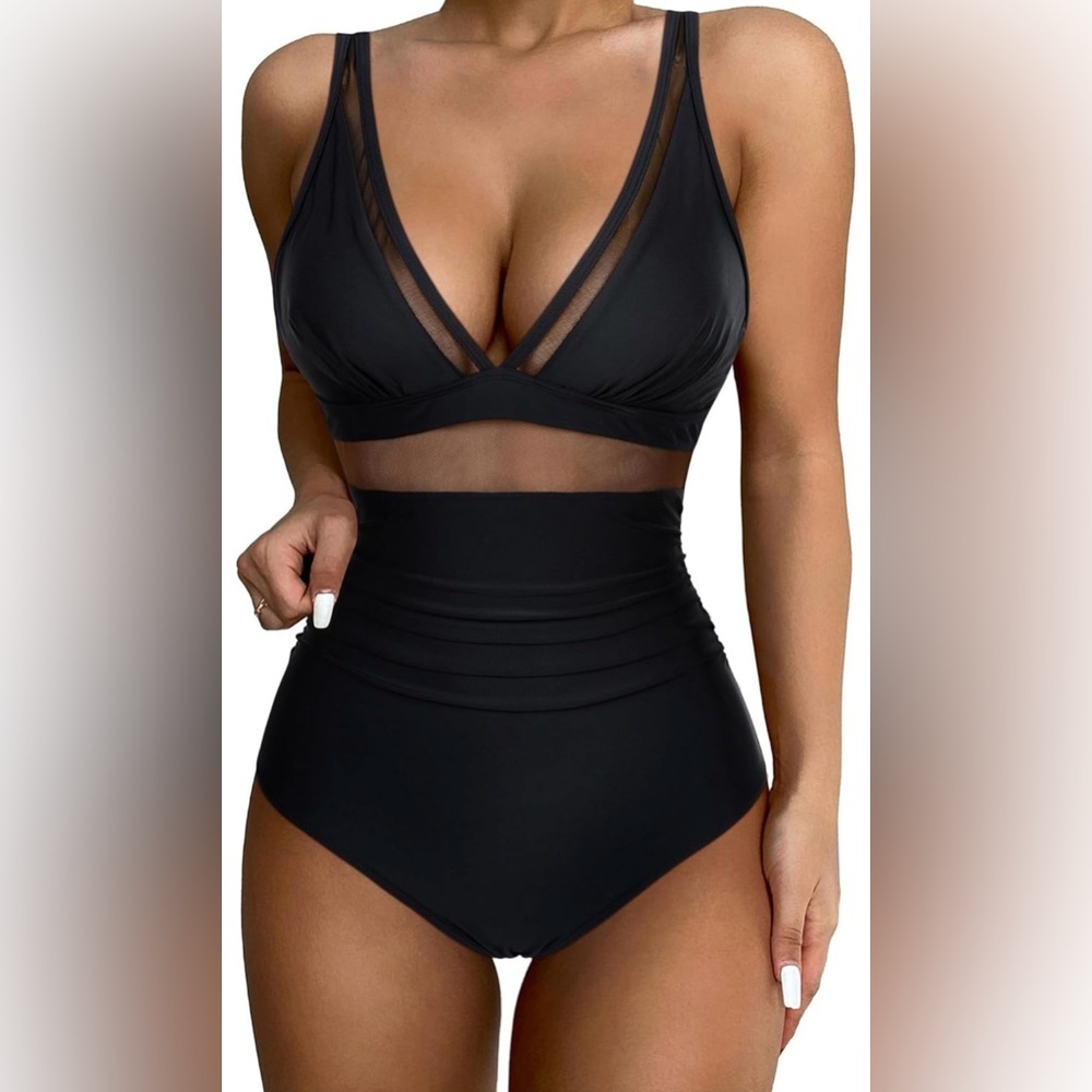 SUUKSESS Women Sexy Mesh Tummy Control Swimsuit Push Up High Waisted Large